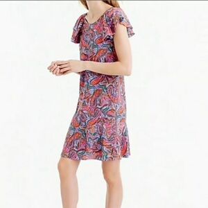 J Crew 100% Silk Ruffled Mini Shift Dress Vibrant Paisley Print Sz 8‎